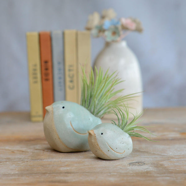 Side view of small and large green birds with plants in front of old books and vase