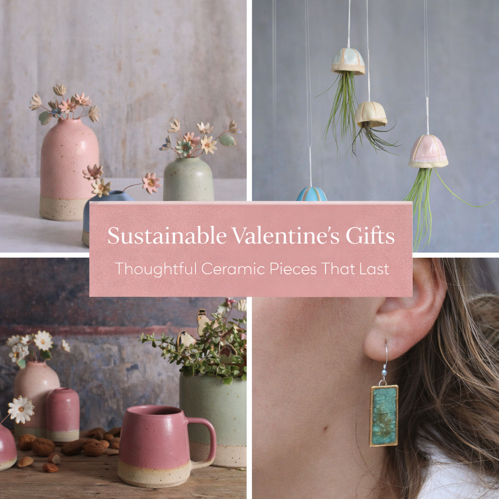 Sustainable Valentine’s gifts made from handmade ceramics and jewellery, including fuchsia mugs, ceramic flowers and air plants