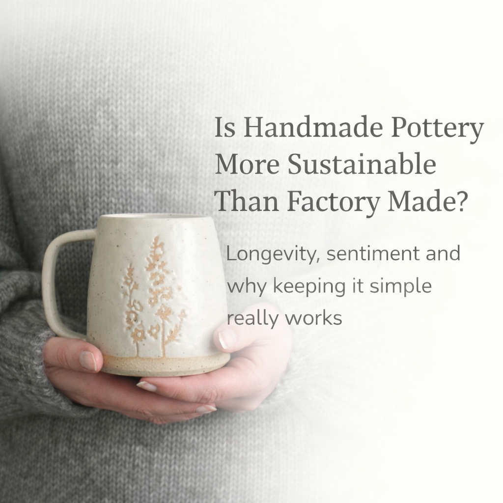 A woman holding a ceramic mug with the wording Is handmade pottery more sustainable than factory made overlaid 