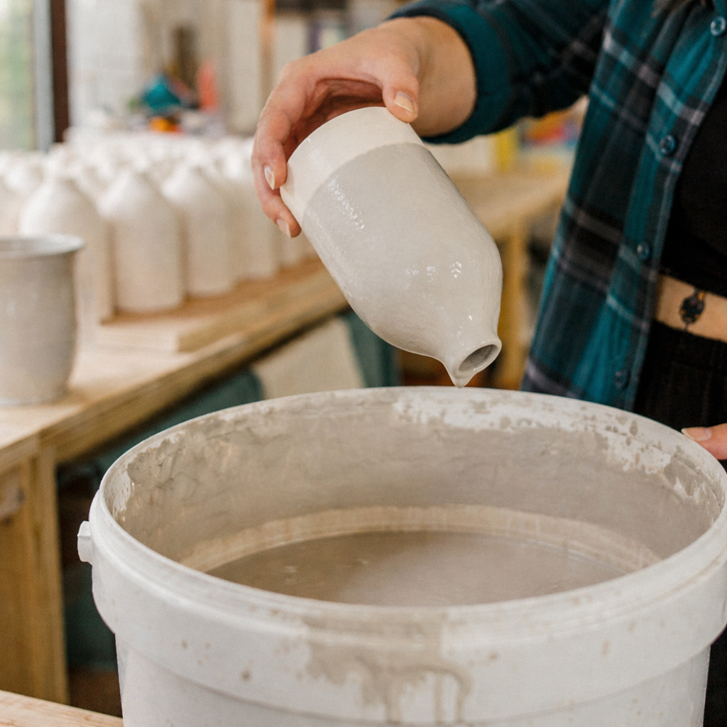 Hand glazing handmade ceramics in a pottery studio with freshly thrown vases drying in the background