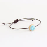 Recycled aqua blue crackled glass ceramic circular bead dark brown cord bracelet 