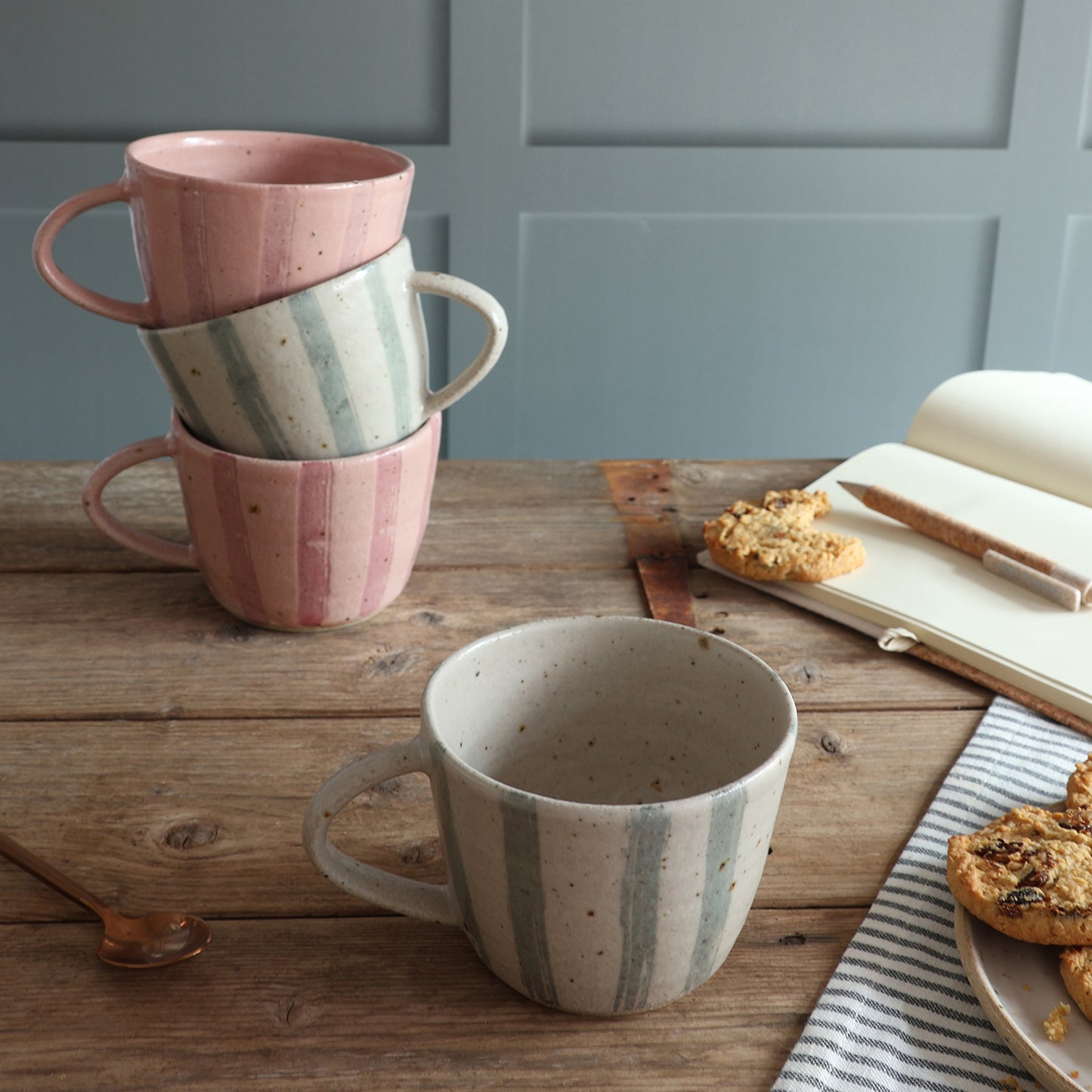White and Blue Stripe Handmade Stoneware Mug