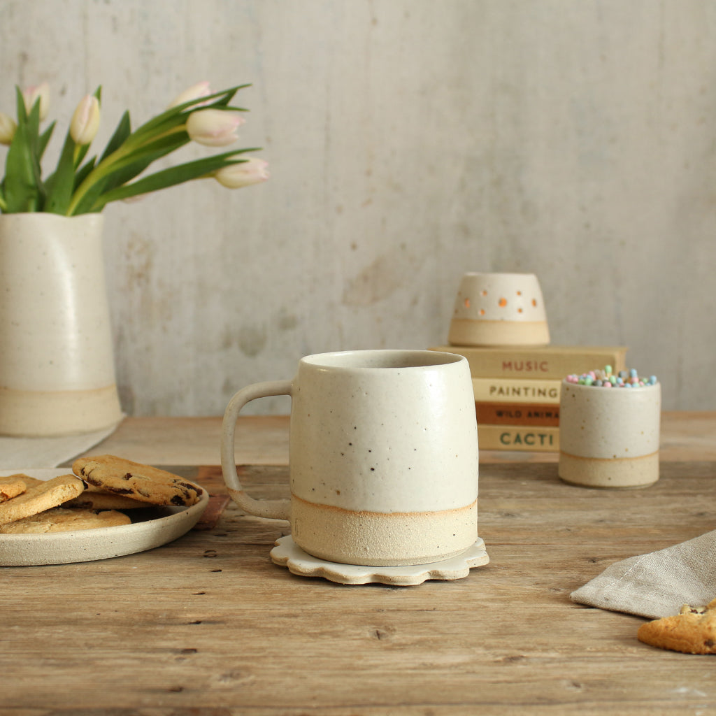White scandi stoneware style mug in setting