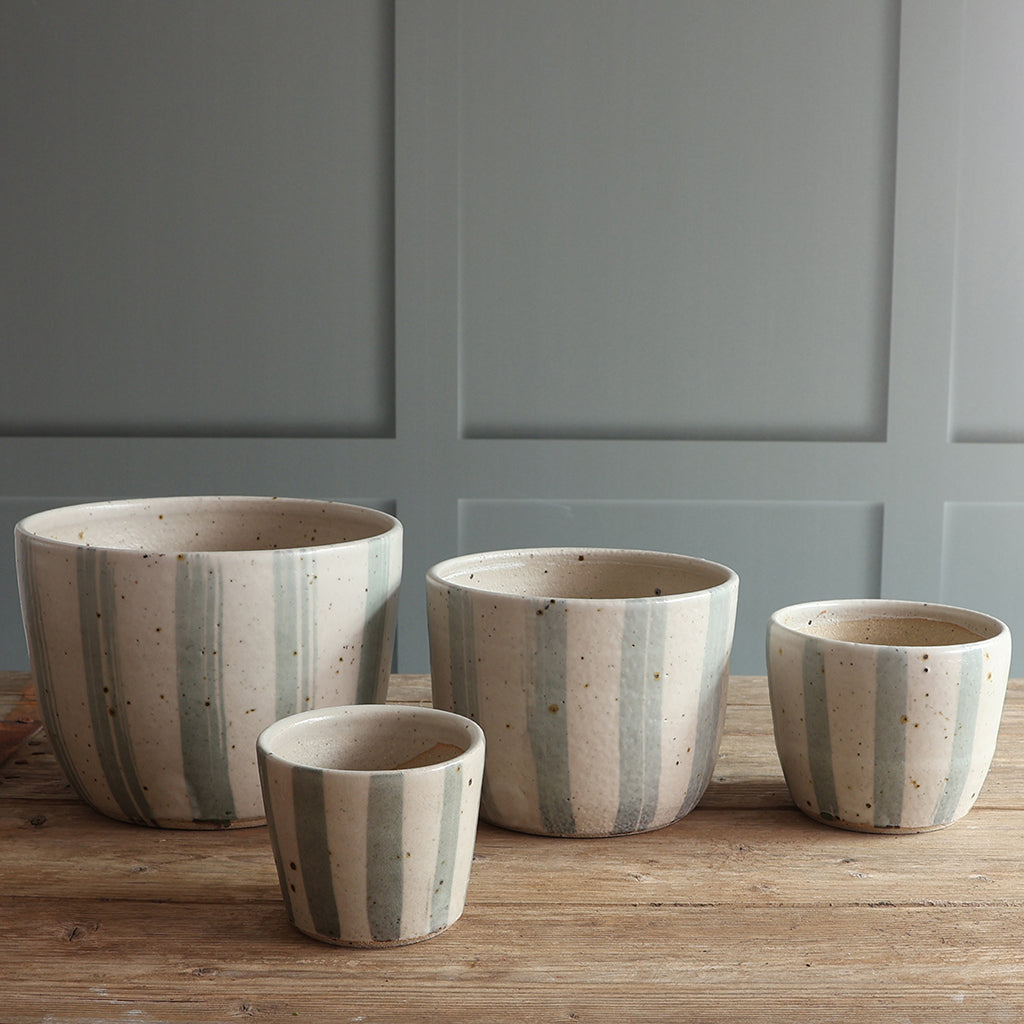 White and Blue Stripe Handmade Stoneware Plant Pot Set
