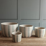 White and Blue Stripe Handmade Stoneware Plant Pot Set