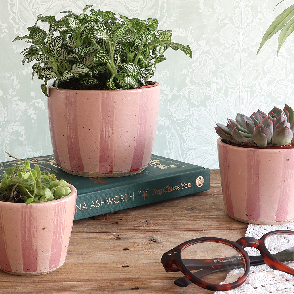 Pink Stripe Handmade Stoneware Medium Plant Pot