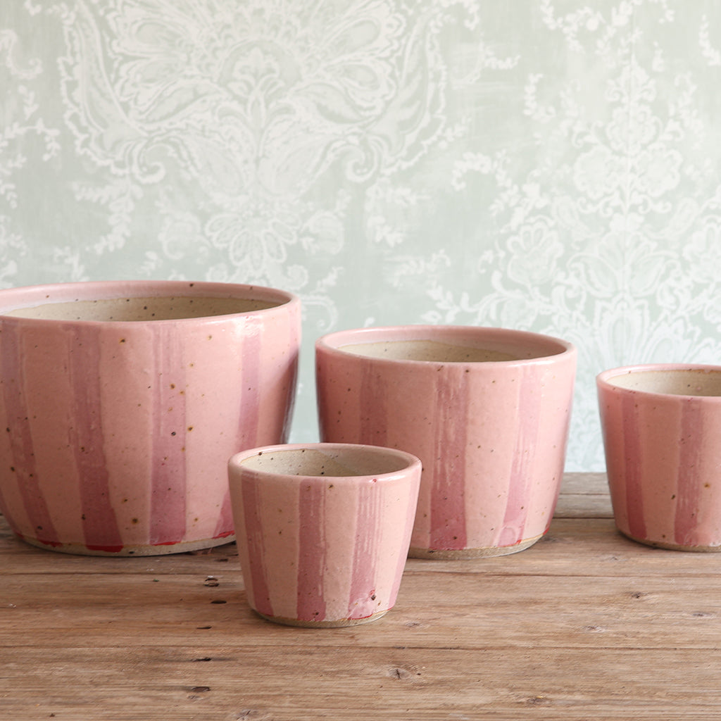 Pink Stripe Handmade Stoneware Medium Plant Pot
