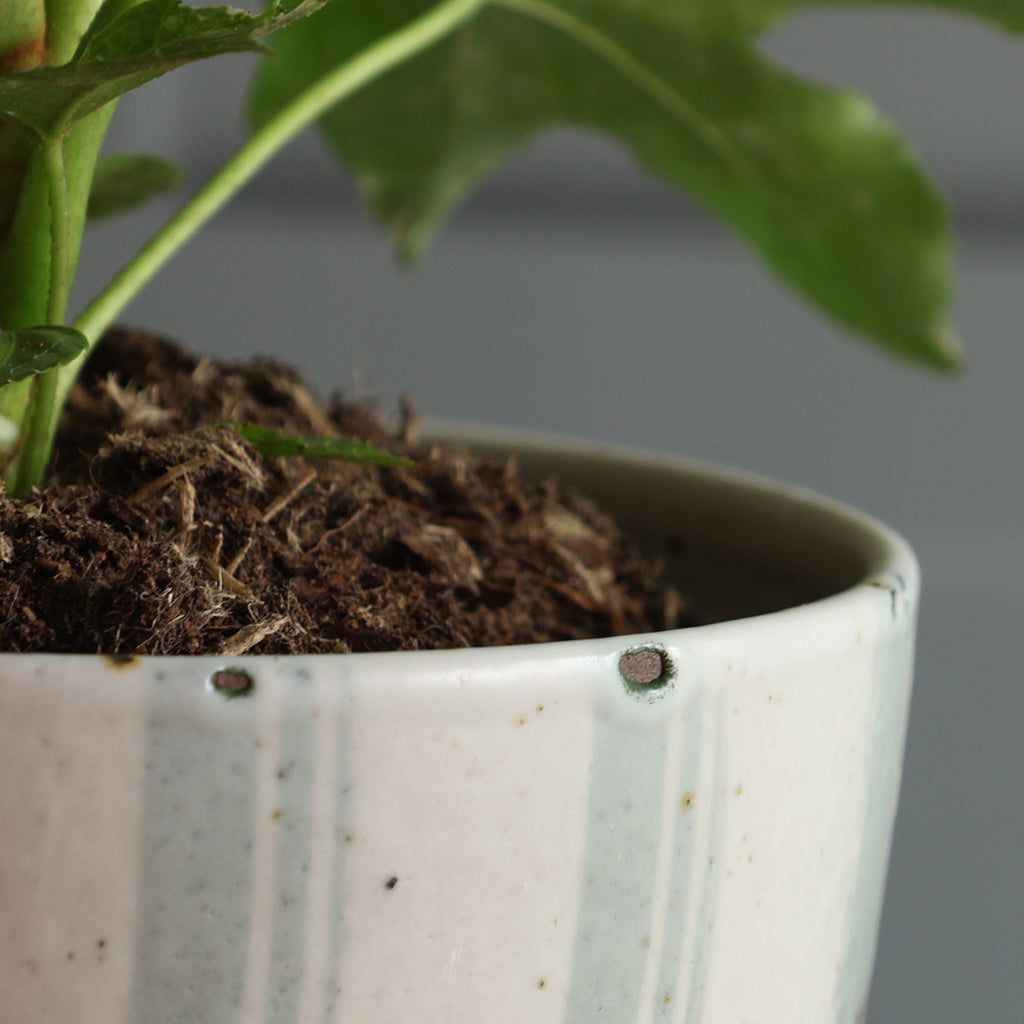 White and Blue Stripe Handmade Stoneware Plant Pot Set