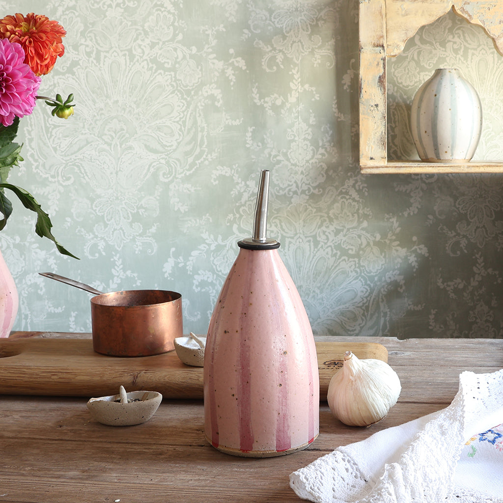 Pink Stripe Handmade Stoneware Oil Pourer