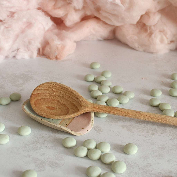 Cotton Candy spoon rest with wooden spoon resting on top