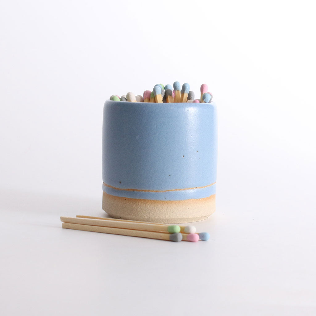 Back view of personalised match pot with pastel matches