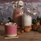 A fuchsia match striker pot with two ceramic pots with plants on a wooden surface.