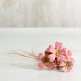 Pink ceramic flowers on copper wire stems lay flat on a white background