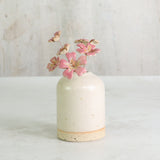 Small ceramic vase with pink flowers on a light background