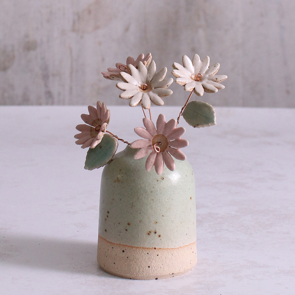 Handcrafted ceramic large pink and white  flower stems with soft glazes displayed in an off-white vase. Each flower features a flexible copper wire stem for easy adjustment.