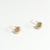 Pair of gold earrings with purple circular discs on a white background