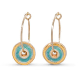 Turquoise blue glass circular gold fill small hoop earrings outlined in gold lustre