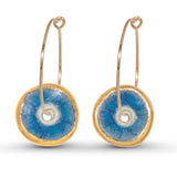 Blue glass circular gold fill large hoop earrings outlined in gold lustre