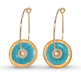 Turquoise blue glass circular gold fill large hoop earrings outlined in gold lustre