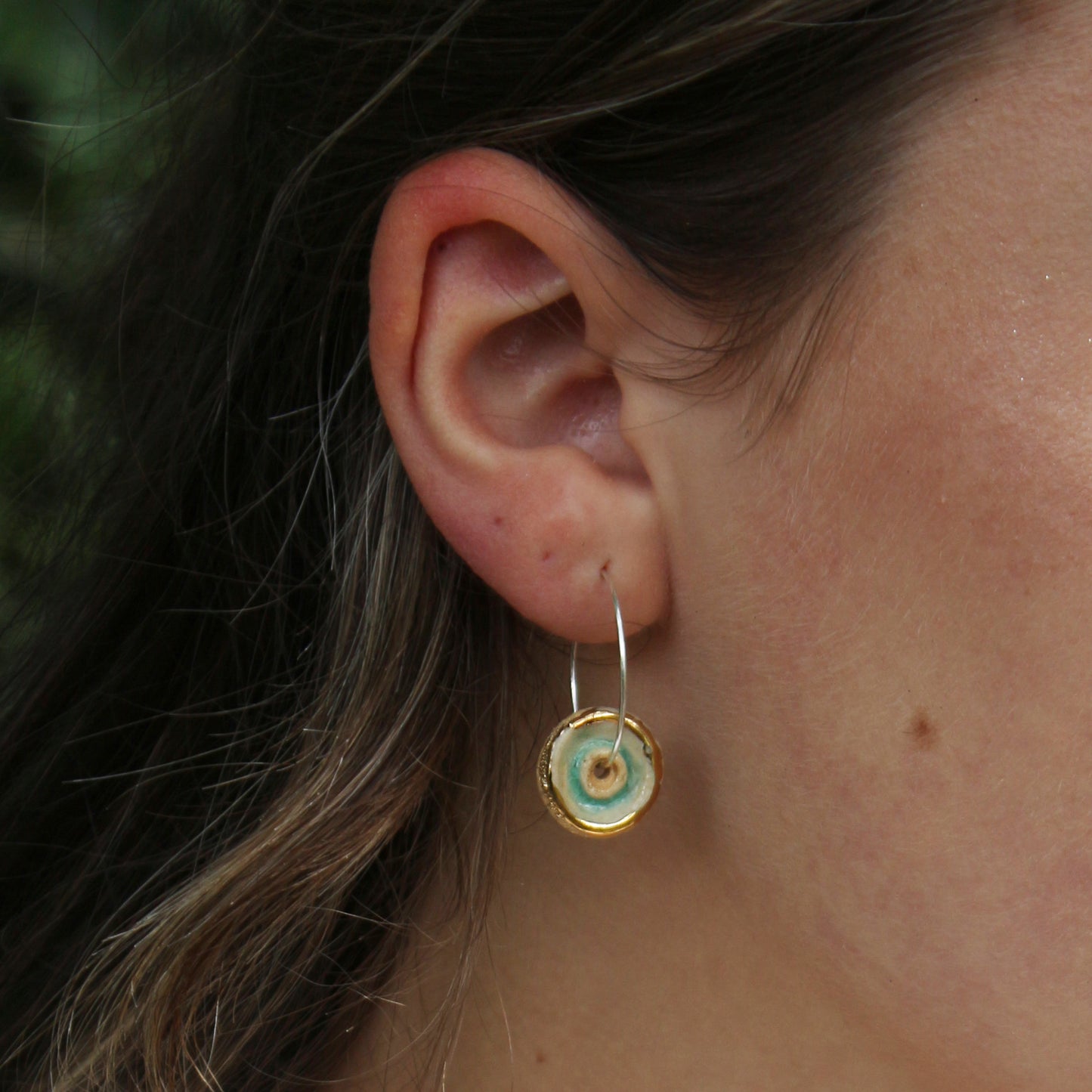 ceramic and glass silver hoop earring with gold detailing - Habulous