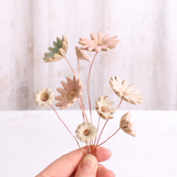 Handcrafted ceramic flower bouquet, featuring delicate pink and white wildflowers with green leaves, arranged with copper wire stems — perfect for rustic home decor.