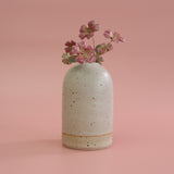 Speckled ceramic vase with pink primrose ceramic flowers on a pink background