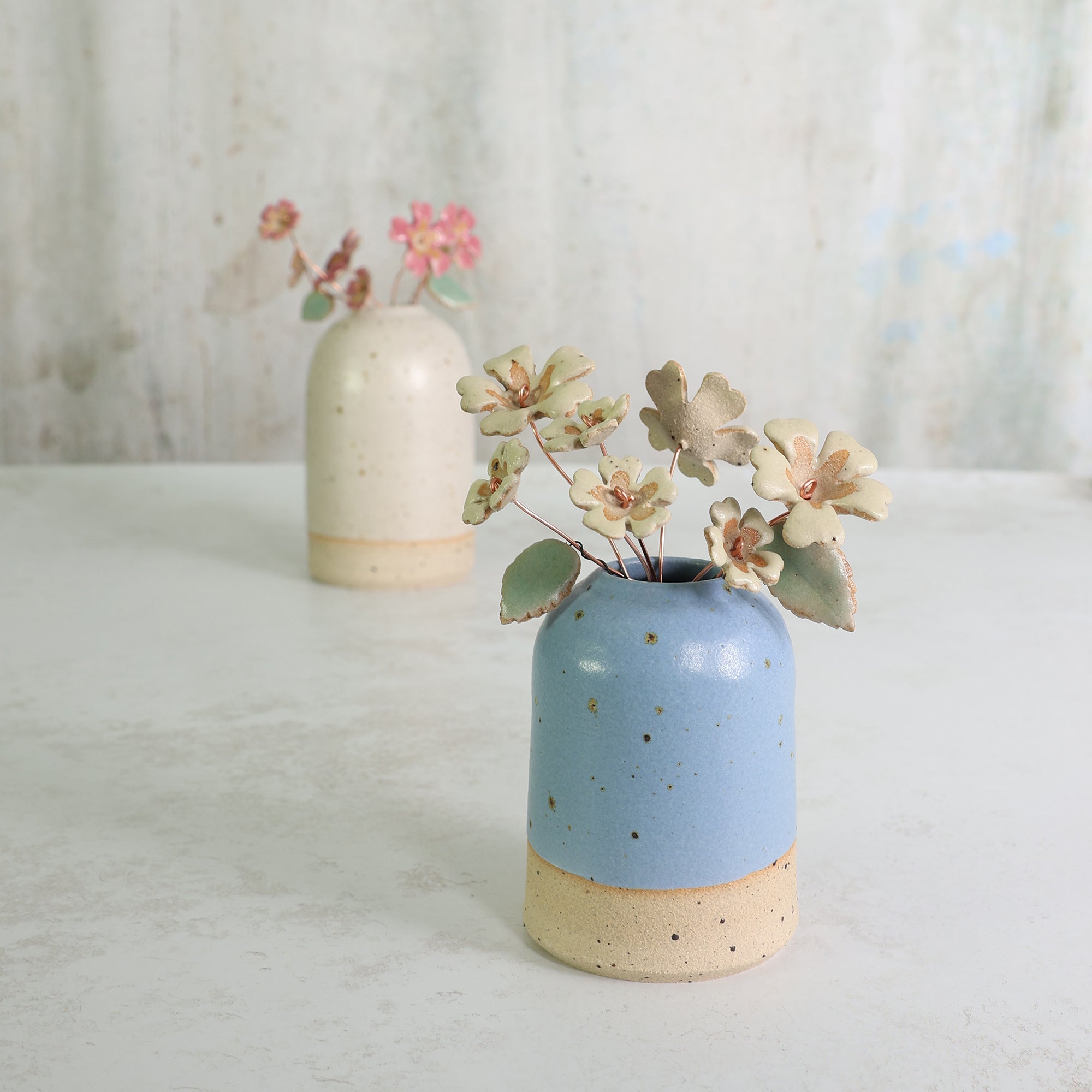 Two ceramic vases with flowers on a light background
