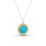 Turquoise blue gradient lagoon glass small round sterling silver necklace outlined in gold lustre