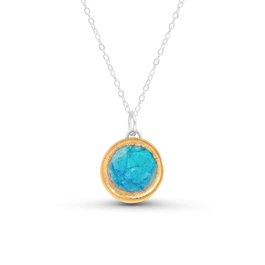 Turquoise blue gradient lagoon glass small round sterling silver necklace outlined in gold lustre