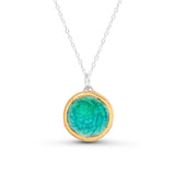 Emerald turquoise gradient lagoon glass large round sterling silver necklace outlined in gold lustre