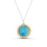 Turquoise blue gradient lagoon glass large round sterling silver necklace outlined in gold lustre