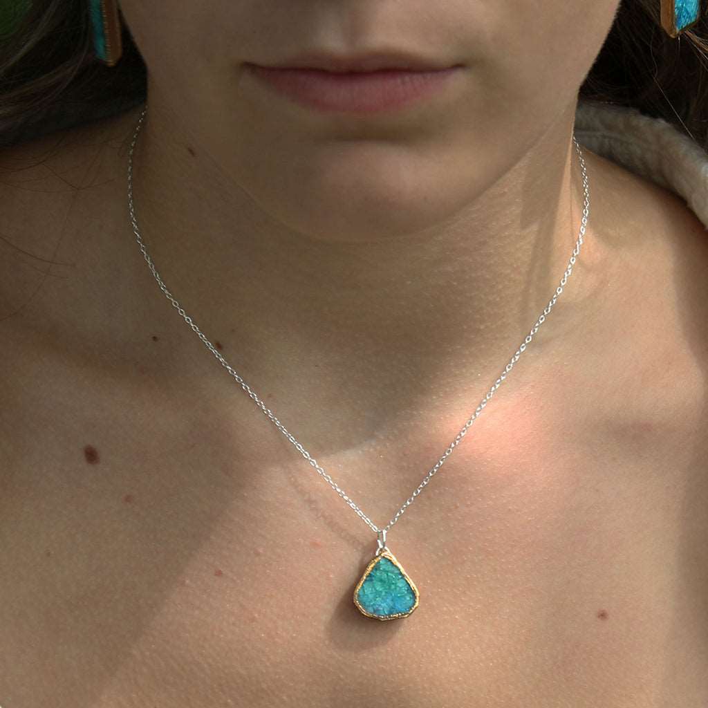 Emerald Turquoise Lagoon Teardrop Sterling Silver Pendant - Habulous