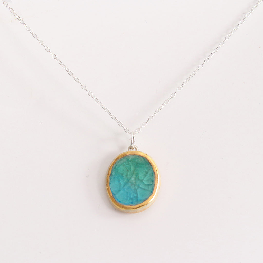 Emerald Turquoise Lagoon Oval Sterling Silver Pendant - Habulous