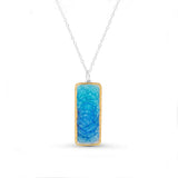 Turquoise blue gradient lagoon glass small rectangular drop sterling silver necklace outlined in gold lustre