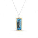 Blue reef glass small rectangular drop sterling silver necklace outlined in gold lustre