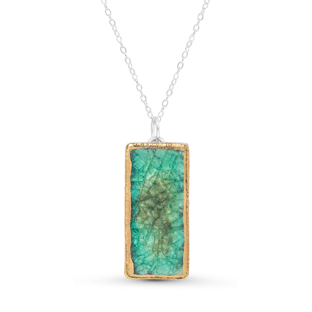 Emerald green reef glass large rectangular drop sterling silver necklace outlined in gold lustre