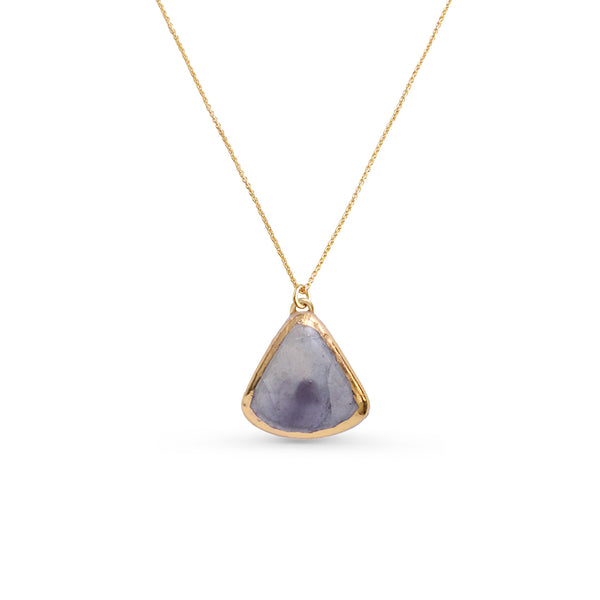 Necklace with a gold pendant featuring a purple element on a white background