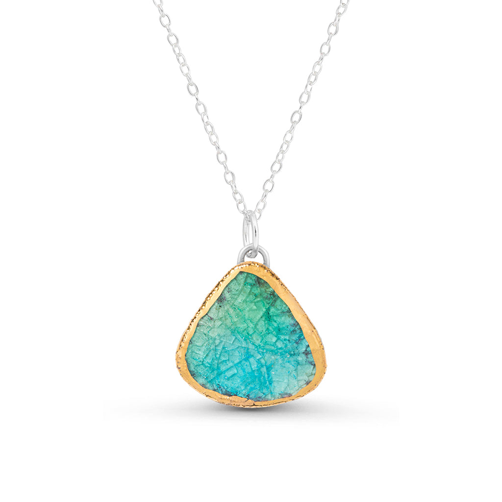 Emerald turquoise gradient lagoon crackled glass teardrop sterling silver necklace outlined in gold lustre
