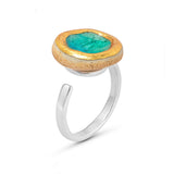Side view of turquoise emerald gradient lagoon glass small round sterling silver adjustable ring gold lustre