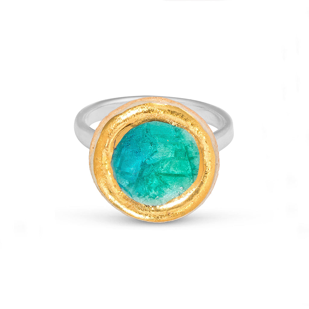Turquoise emerald gradient lagoon glass small round sterling silver adjustable ring gold lustre