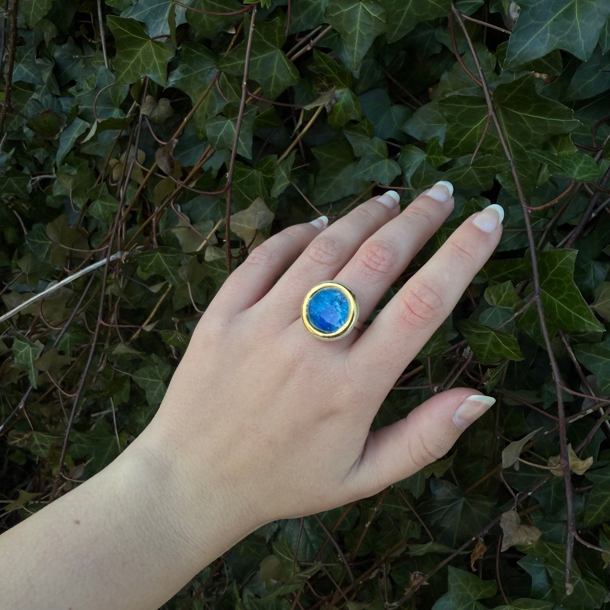 Grande bague réglable lagon bleu turquoise ronde