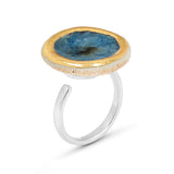 Side view of blue reef glass large round sterling silver adjustable ring outlined in gold lustre