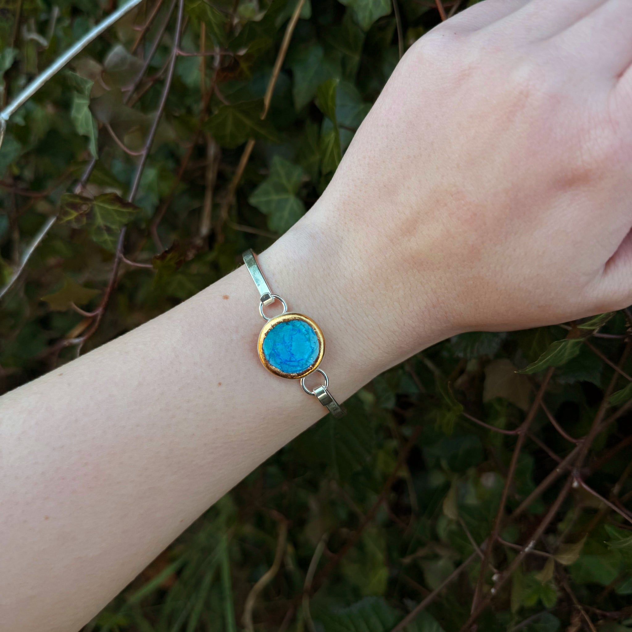 Bracelet Jonc Rond Plaqué Argent Lagon Bleu Turquoise