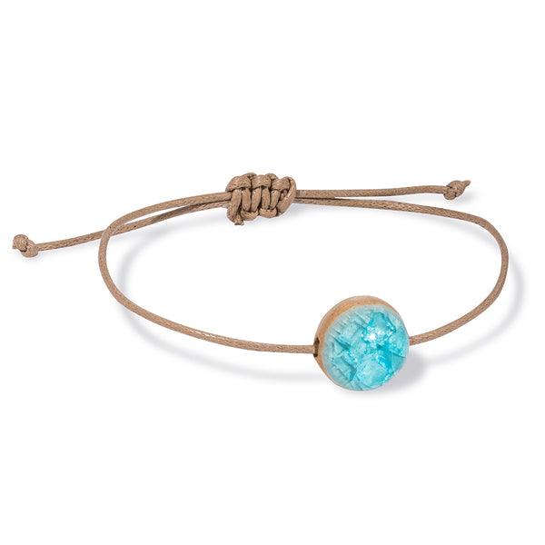 Recycled aqua blue crackled glass ceramic circular bead light brown cord bracelet 