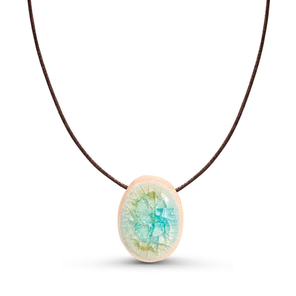 Recycled aqua blue and treacle brown gradient crackled glass ceramic oval cord necklace