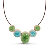 Recycled emerald green and aqua blue crackled glass ceramic oval and circular beaded cord necklace