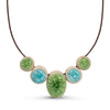 Recycled emerald green and aqua blue crackled glass ceramic oval and circular beaded cord necklace