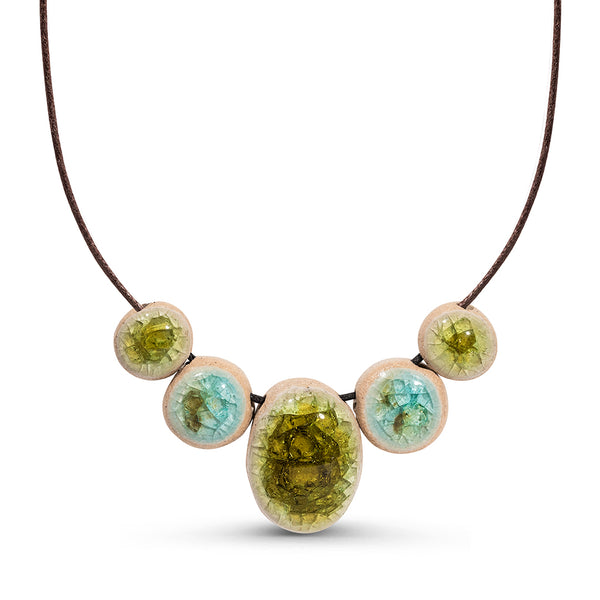 Recycled aqua blue and lime green crackled glass ceramic oval and circular beaded cord necklace.