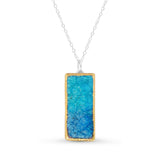 Turquoise blue gradient lagoon glass large rectangular drop sterling silver necklace outlined in gold lustre