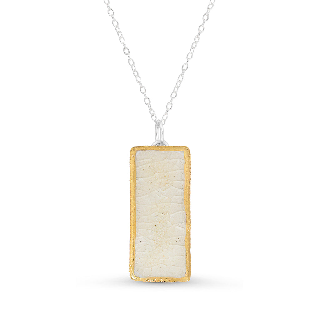Crystal clear glass large rectangular drop sterling silver necklace outlined in gold lustre